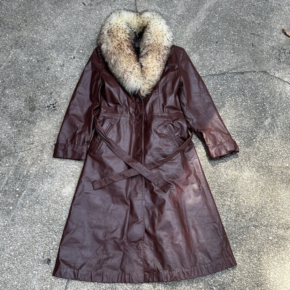 Vtg 70s Sears The Fashion Place Burgundy Leather Trench Coat Fur Collar Belted